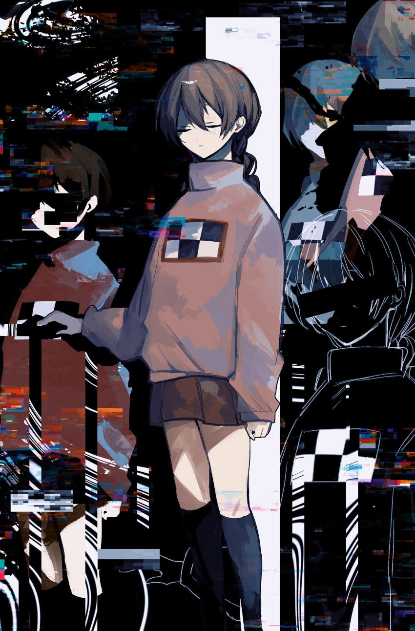 1girl abstract_background absurdres bar_censor black_background black_socks censored closed_eyes closed_mouth commentary_request covered_eyes expressionless facing_viewer feet_out_of_frame glitch hand_up highres identity_censor kneehighs long_sleeves madotsuki multiple_views pink_sweater pleated_skirt print_sweater red_skirt red_sweater skirt socks standing sweater turtleneck turtleneck_sweater utu404 variations yume_nikki