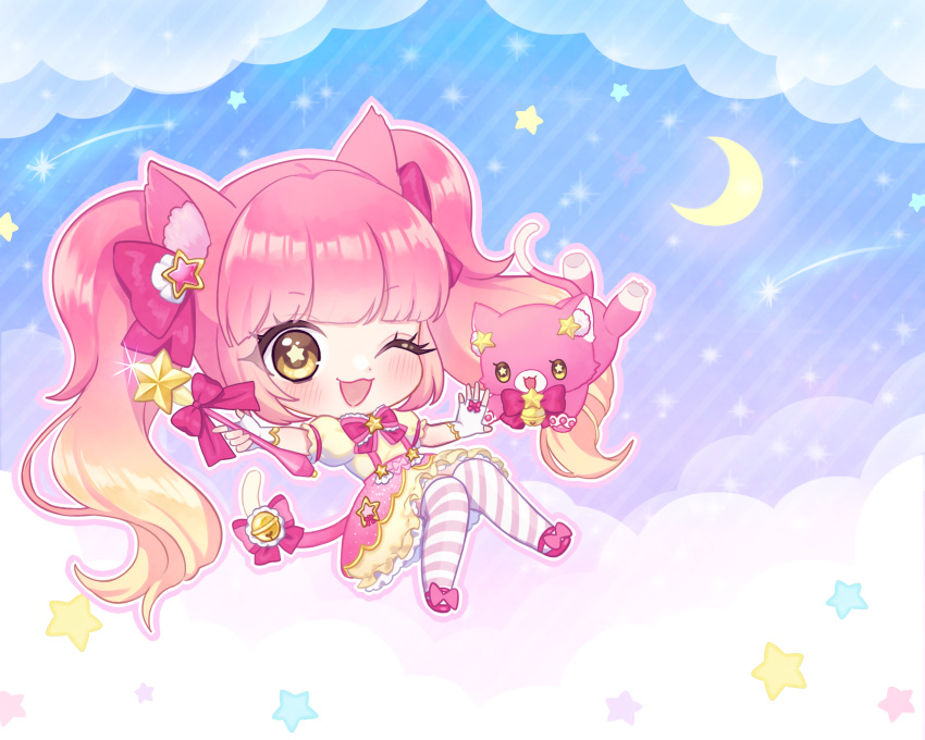 1other :3 :d ;3 ;d animal_ear_fluff animal_ears bell blonde_hair blue_background blunt_bangs blush bow bowtie brooch bubble_skirt cat cat_ears cat_other cat_tail chibi cloud commission crescent dot_nose estella_(millie_(mahoustars)) eyes_visible_through_hair fingerless_gloves footwear_bow full_body gloves gradient_hair hair_bow hair_ornament hands_up highres holding holding_wand jewelry knees_up long_hair magical_star_(millie_(mahoustars)) miniskirt multicolored_hair nonoka_(ydydydmn) one_eye_closed original other_focus outline pink_bow pink_bowtie pink_cat pink_footwear pink_hair pink_outline pink_thighhighs puffy_short_sleeves puffy_sleeves ribbon shirt shoes short_sleeves sidelocks skeb_commission skirt smile solo star_(symbol) star_hair_ornament star_in_eye striped striped_thighhighs suspenders symbol_in_eye tail tail_bell tail_ornament tail_ribbon thighhighs twintails very_long_hair wand wavy_hair white_gloves yellow_eyes yellow_shirt yellow_skirt