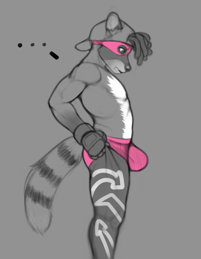 anthro backwards_baseball_cap backwards_hat baseball_cap bottomwear bulge butt clothed clothing digital_media_(artwork) domino_mask dreadlocks facial_markings fur hair hat head_markings headgear headwear hi_res legwear male mammal markings mask mask_(marking) meme muscular muscular_male pants pecs procyonid pulling_up_pants raccoon side_view simple_background sketch solo sports_mask sportswear tight_bottomwear tight_clothing tight_pants_(meme) tight_underwear tights tkraccoon underwear wrestler wrestling_mask wrestling_outfit