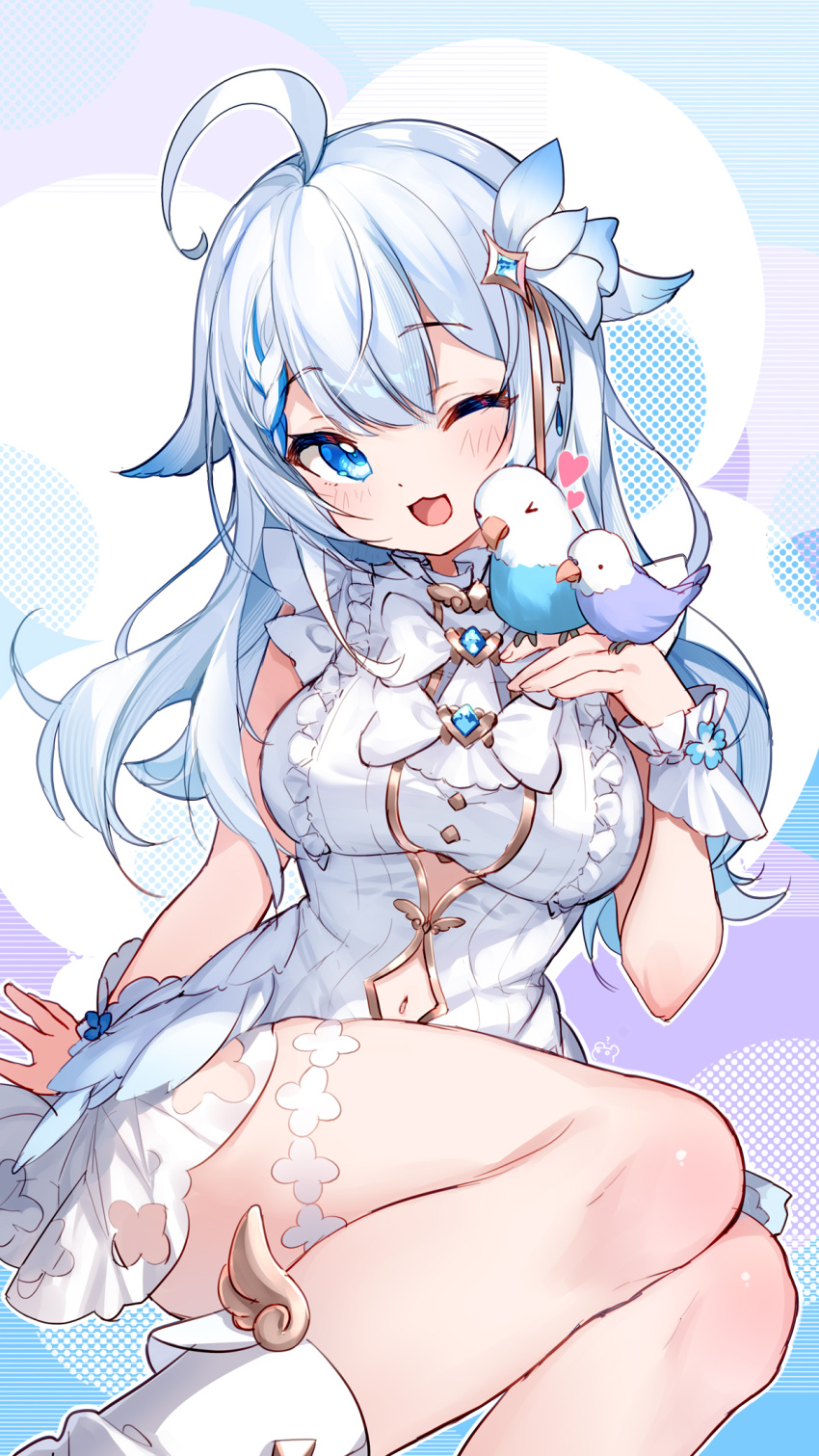 &gt;_&lt; 1girl ;d ahoge animal animal_on_hand bird bird_on_hand bison_cangshu blue_eyes blue_hair blush breasts clothing_cutout commentary_request dress feet_out_of_frame grey_hair hair_between_eyes hand_up heart highres large_breasts multicolored_hair navel navel_cutout one_eye_closed original polka_dot polka_dot_background sleeveless sleeveless_dress smile solo streaked_hair striped striped_background white_dress wrist_cuffs