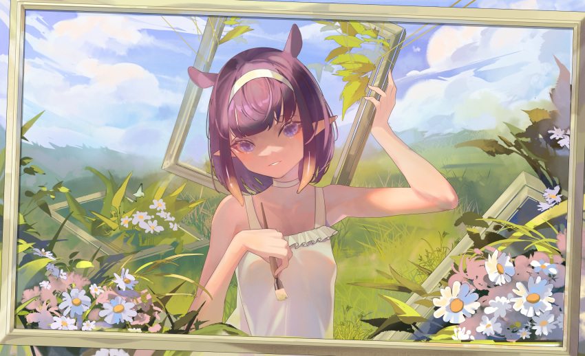 1girl absurdres alternate_costume bare_arms blue_eyes breasts camisole choker covered_nipples dress english_commentary field flower gradient_hair grass grin hairband head_tilt highres holding holding_paintbrush hololive hololive_english looking_at_viewer meiyan_(boyimachao) multicolored_hair ninomae_ina'nis orange_hair outdoors paintbrush painting_(object) pointy_ears purple_hair recursion scenery short_hair small_breasts smile solo sundress teeth tentacle_hair upper_body virtual_youtuber white_choker white_dress white_hairband