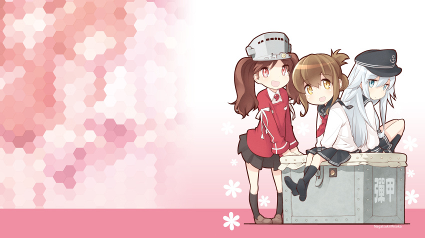 3girls absurdres blue_eyes brown_eyes brown_hair flat_cap folded_ponytail hat hibiki_(kancolle) highres inazuma_(kancolle) japanese_clothes kantai_collection kariginu loafers magatama multiple_girls nagatsuki_misoka open_mouth pleated_skirt red_eyes ryuujou_(kancolle) school_uniform serafuku shoes sitting skirt smile white_hair