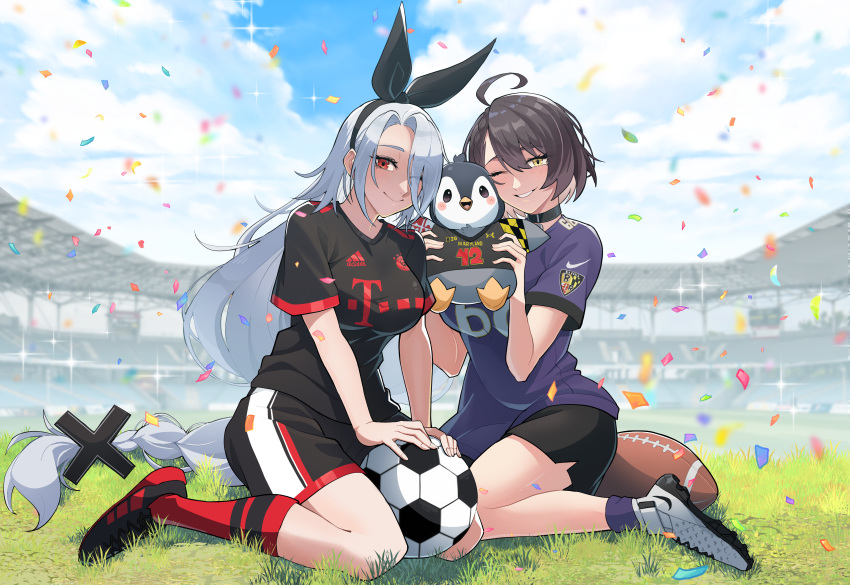 2girls absurdres adidas alternate_costume american_football_(object) american_football_uniform azur_lane ball baltimore_(azur_lane) baltimore_ravens bird bundesliga cleats commentary commission commissioner_insert confetti fc_bayern_munchen full_body highres kneeling looking_at_viewer multiple_girls name_connection national_football_league nike one_eye_closed penguin prinz_heinrich_(azur_lane) second-party_source skinipik soccer_ball sportswear stadium under_armour university_of_maryland