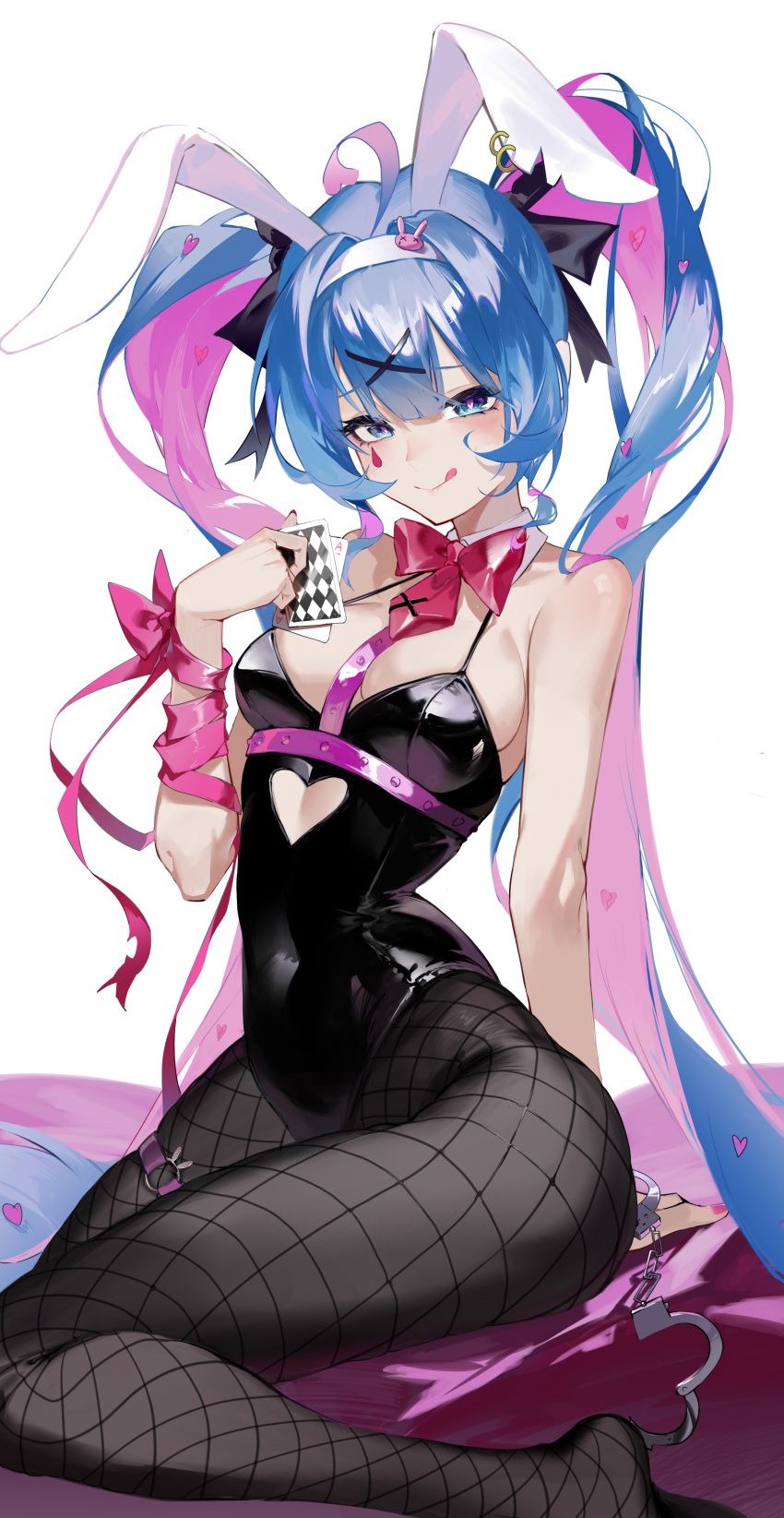 1girl absurdres animal_ears black_leotard blue_hair blush bow bowtie breasts card clothing_cutout colored_inner_hair covered_navel detached_collar fake_animal_ears fishnet_pantyhose fishnets hair_ornament hatsune_miku headband heart_cutout highleg highleg_leotard highres jiu_ye_sang leotard looking_at_viewer medium_breasts multicolored_hair nail_polish pantyhose pink_hair pink_pupils playboy_bunny playing_card rabbit_ears rabbit_hole_(vocaloid) red_bow red_bowtie simple_background sitting smile solo strapless strapless_leotard teardrop_facial_mark tongue tongue_out twintails white_background x_hair_ornament