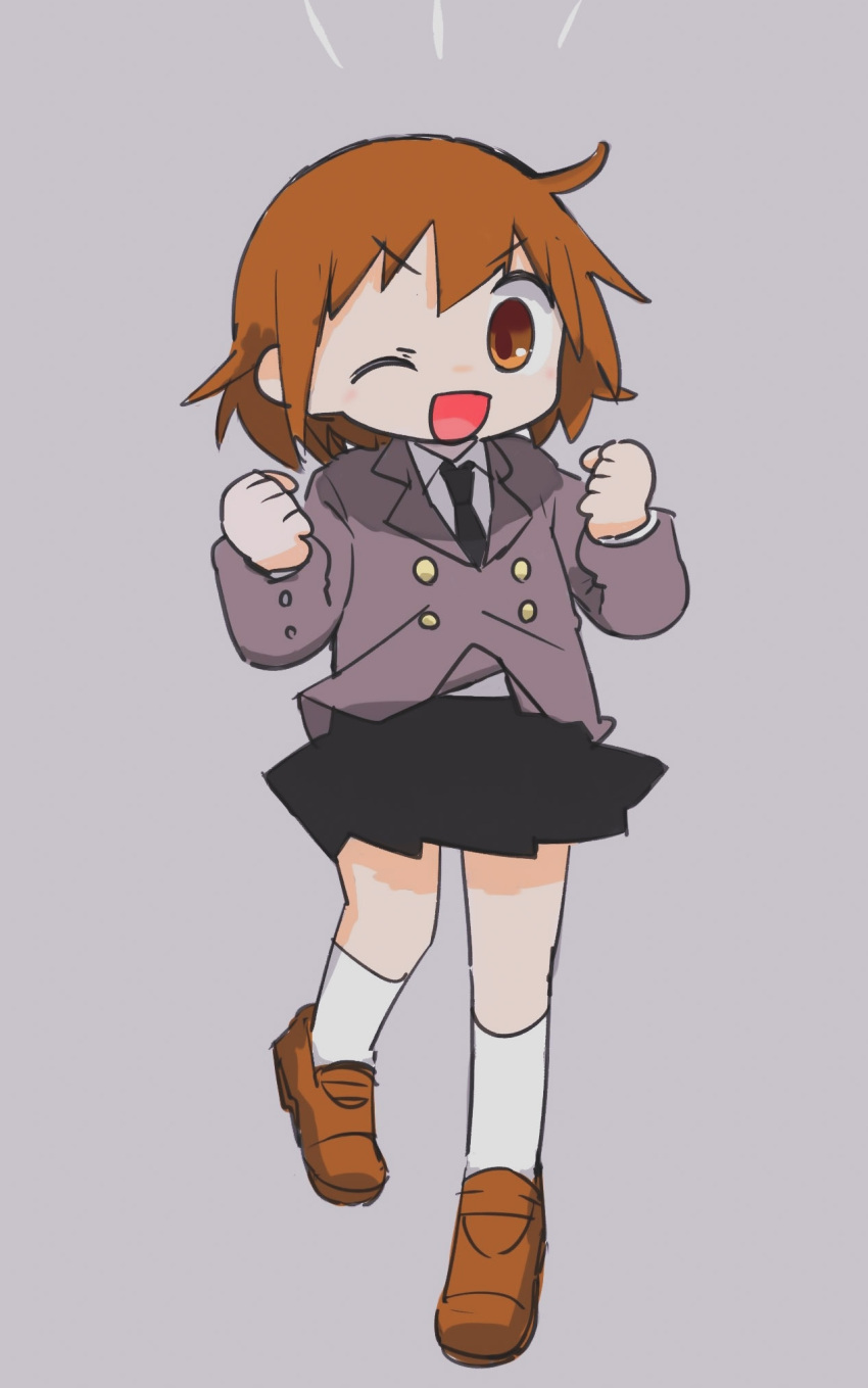 1girl ahoge black_necktie black_skirt blazer brown_eyes brown_footwear brown_hair buttergirl_02 buttons clenched_hands commentary_request double-breasted ganbaru_pose grey_background grey_jacket hands_up highres jacket kill_me_baby kneehighs loafers long_sleeves looking_at_viewer necktie notice_lines one_eye_closed open_mouth oribe_yasuna school_uniform shoes simple_background skirt smile socks solo standing standing_on_one_leg v-shaped_eyebrows white_socks