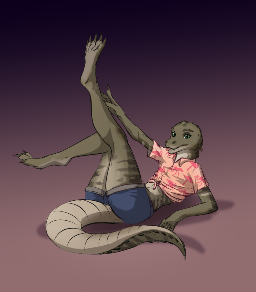 alligator alligatorid aloha_shirt anthro bottomwear claws clothing crocodilian cutoffs denim denim_bottomwear denim_clothing finger_claws girly gradient_background green_body green_eyes green_scales hi_res hotpants kadzukai looking_at_viewer lying male on_back pattern_clothing pattern_shirt pattern_topwear pupils raised_leg reptile scales scalie shirt shorts simple_background slit_pupils solo stripes tail teeth thick_tail thick_thighs tied_shirt toe_claws tongue tongue_out topwear