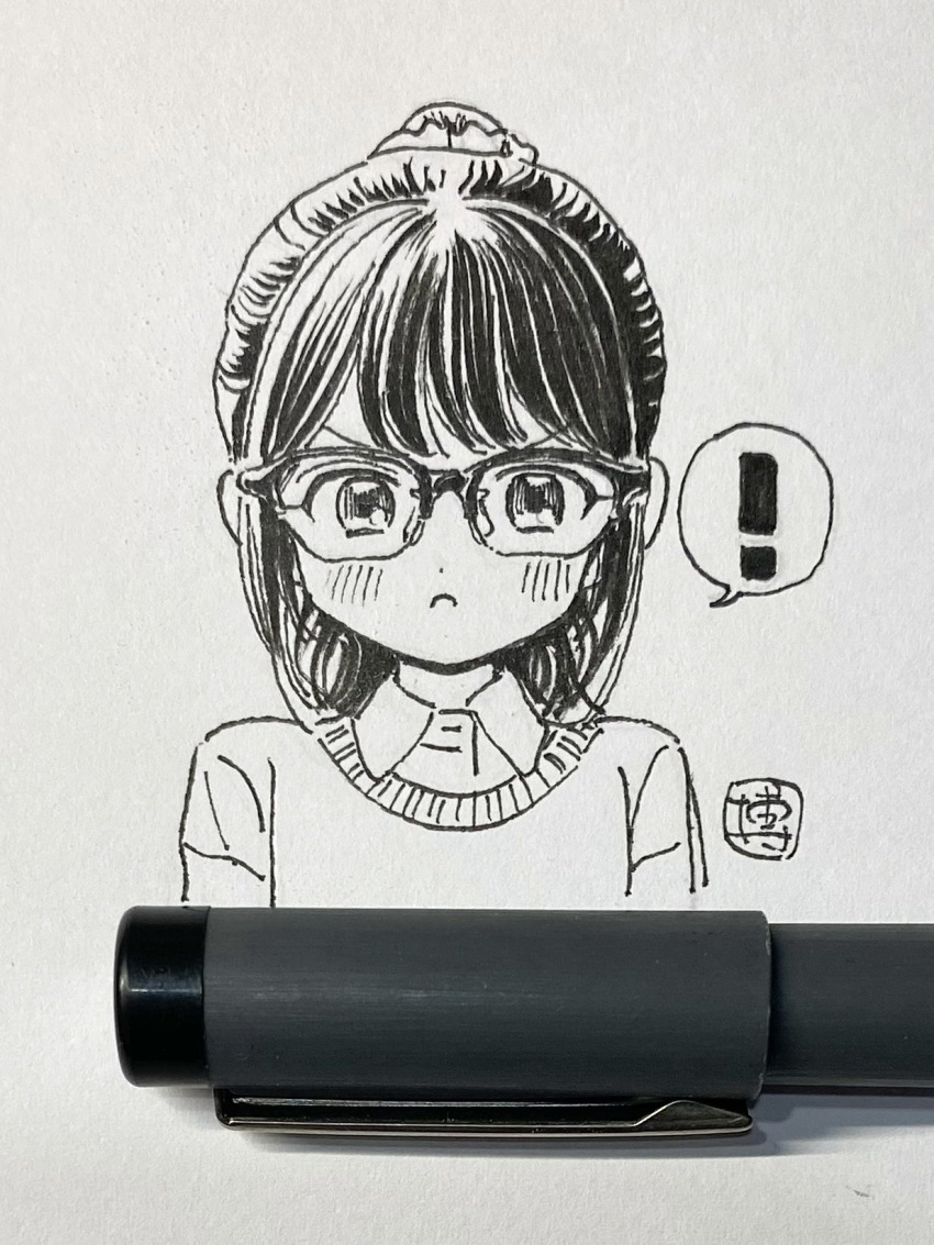 ! &gt;:( 1girl akebi-chan_no_serafuku blunt_bangs blush collared_shirt cropped_torso frown glasses highres hiro_(dismaless) looking_at_viewer pen ponytail shirt signature solo speech_bubble sweater tatsumori_ai traditional_media v-shaped_eyebrows white_background