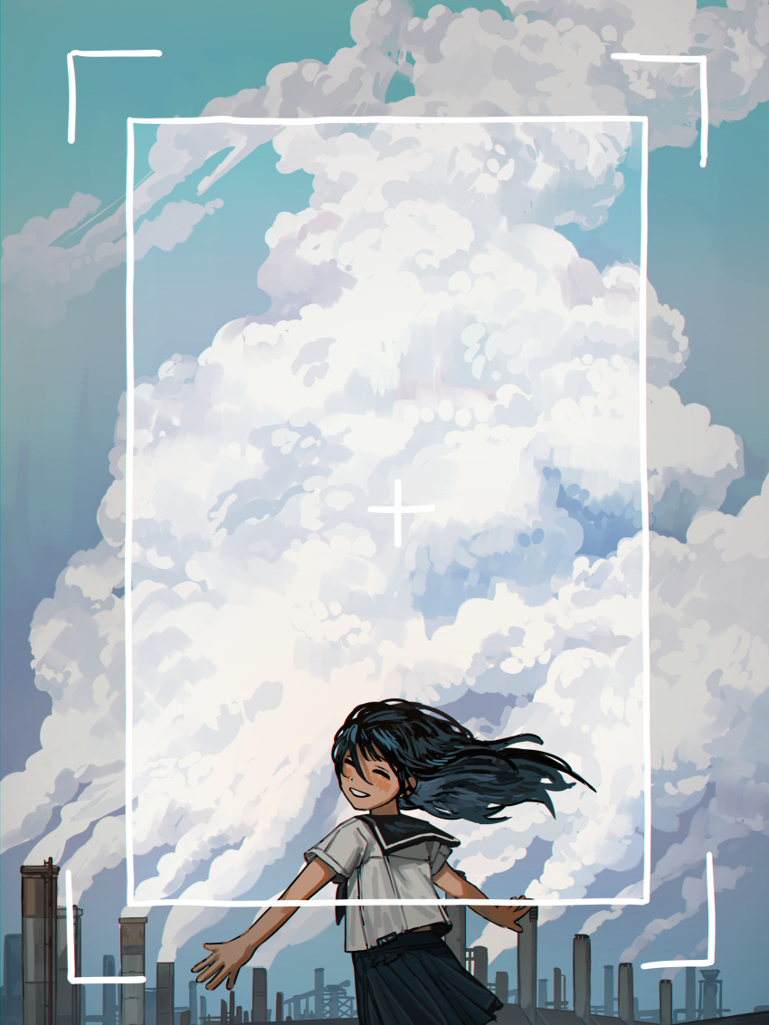 1girl absurdres black_hair black_sailor_collar black_skirt blue_sky blush closed_eyes cloud commentary_request from_behind highres long_hair looking_back myango_(applemangocrape) original outstretched_arms parted_lips pleated_skirt pollution sailor_collar school_uniform serafuku shirt short_sleeves skirt sky smile smoke smokestack solo viewfinder white_shirt