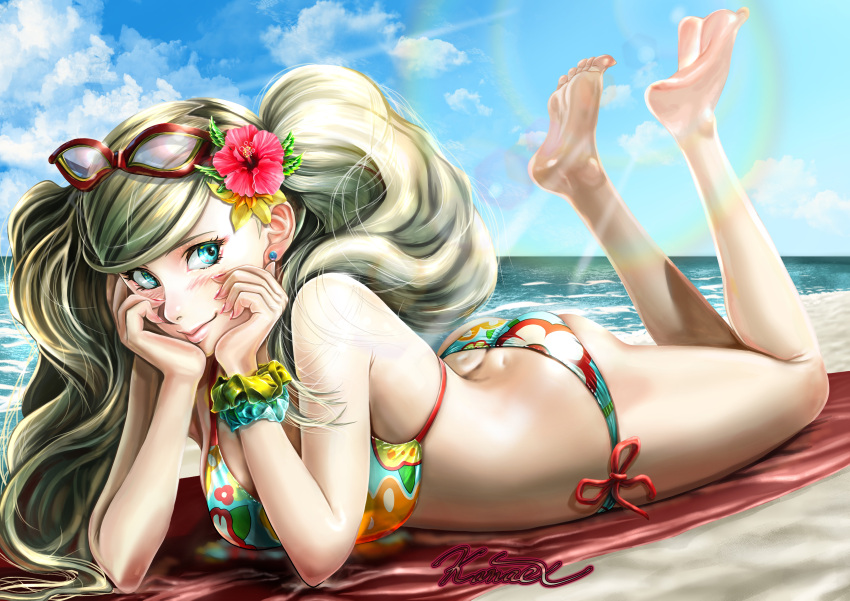 1girl absurdres aqua_scrunchie bare_arms bare_legs barefoot beach bikini blonde_hair blue_eyes blue_sky blush closed_mouth cloud day eyewear_on_head flower hair_flower hair_ornament head_rest hibiscus highres kanaex001 long_hair looking_at_viewer lying ocean on_stomach outdoors persona persona_5 red-framed_eyewear red_flower scrunchie side-tie_bikini_bottom sky smile soles solo summer sunlight swept_bangs swimsuit takamaki_anne the_pose twintails wrist_scrunchie yellow_scrunchie