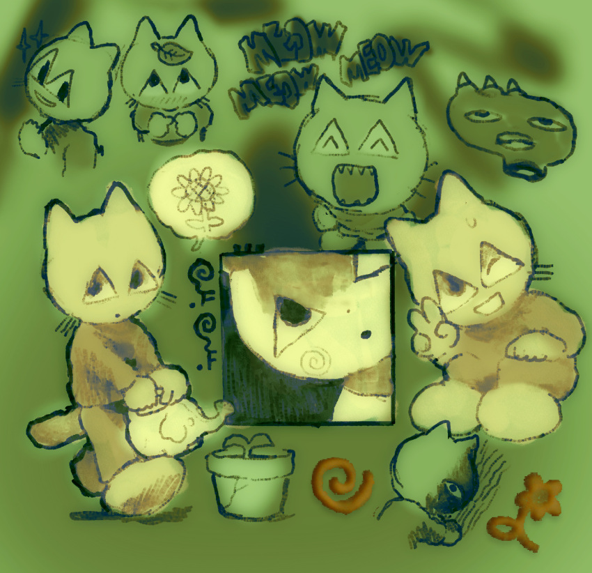 ambiguous_gender anthro catnap/dreamworld chibi clothed clothing domestic_cat felid feline felis full-length_portrait fully_clothed gesture hi_res leaf mammal meow noseless one_eye_closed plant plant_pot plastiboo portrait potted_plant smile solo text toony v_sign whiskers wink