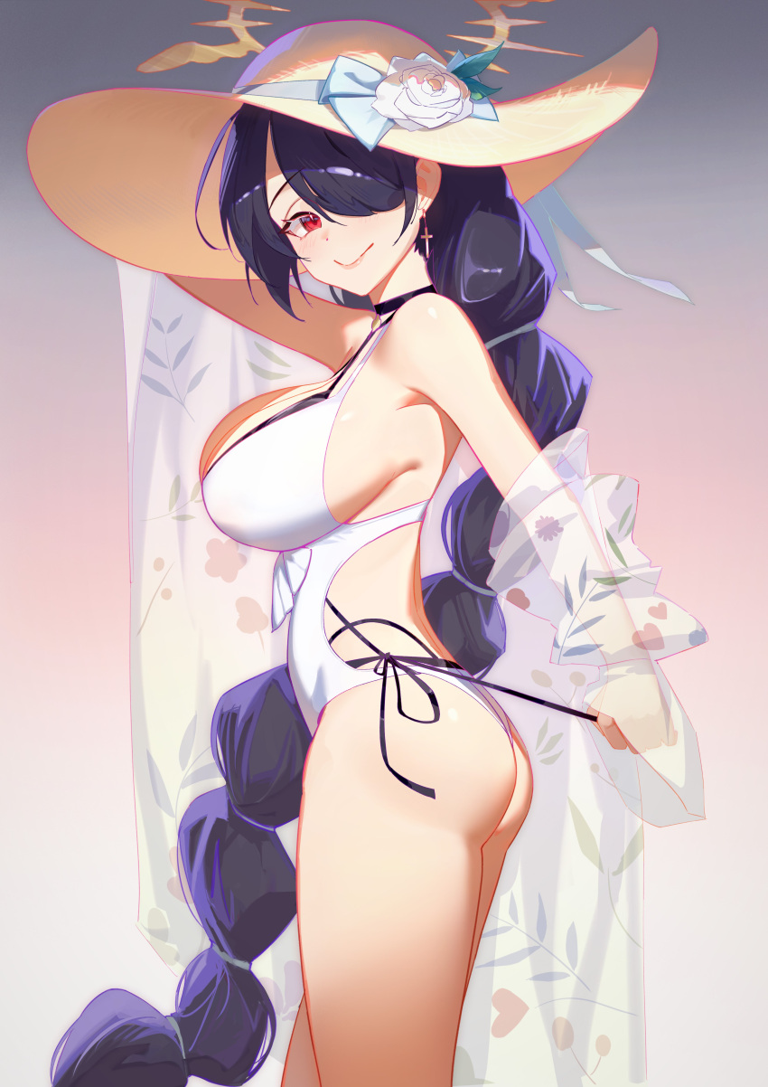 1girl absurdres ass bikini black_bikini black_hair blue_archive blush braid breasts choker closed_mouth clothing_cutout collarbone cowboy_shot cross cross_earrings earrings flower hair_over_one_eye halo hat hat_flower highres hinata_(blue_archive) hinata_(swimsuit)_(blue_archive) jewelry large_breasts layered_bikini layered_swimsuit long_hair looking_at_viewer official_alternate_costume one-piece_swimsuit one_eye_covered red_eyes see-through serelith side_cutout single_braid smile solo standing sun_hat swimsuit thighs very_long_hair white_one-piece_swimsuit yellow_halo