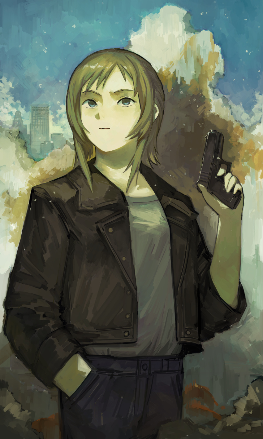 1girl absurdres aya_brea blue_sky brown_jacket city grey_shirt gun hand_in_pocket handgun highres holding holding_gun holding_weapon jacket kornod looking_up parasite_eve shirt sky solo wall weapon