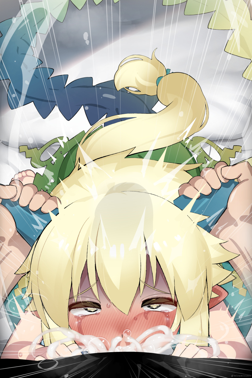 1boy 1girl absurdres bar_censor blonde_hair blush censored cheek_bulge commission coral_(summon_night) crying crying_with_eyes_open cum cum_in_mouth cum_in_nose deepthroat dress ear_blush ejaculation erection fellatio green_dress hair_between_eyes hetero highres horn_grab horns huge_penis long_hair looking_at_viewer mizumizuni nose_blush nose_bubble oral overflow penis pov rolling_eyes saliva sitting skeb_commission soles solo_focus summon_night summon_night_4 sweat tail tears veins veiny_penis yellow_eyes