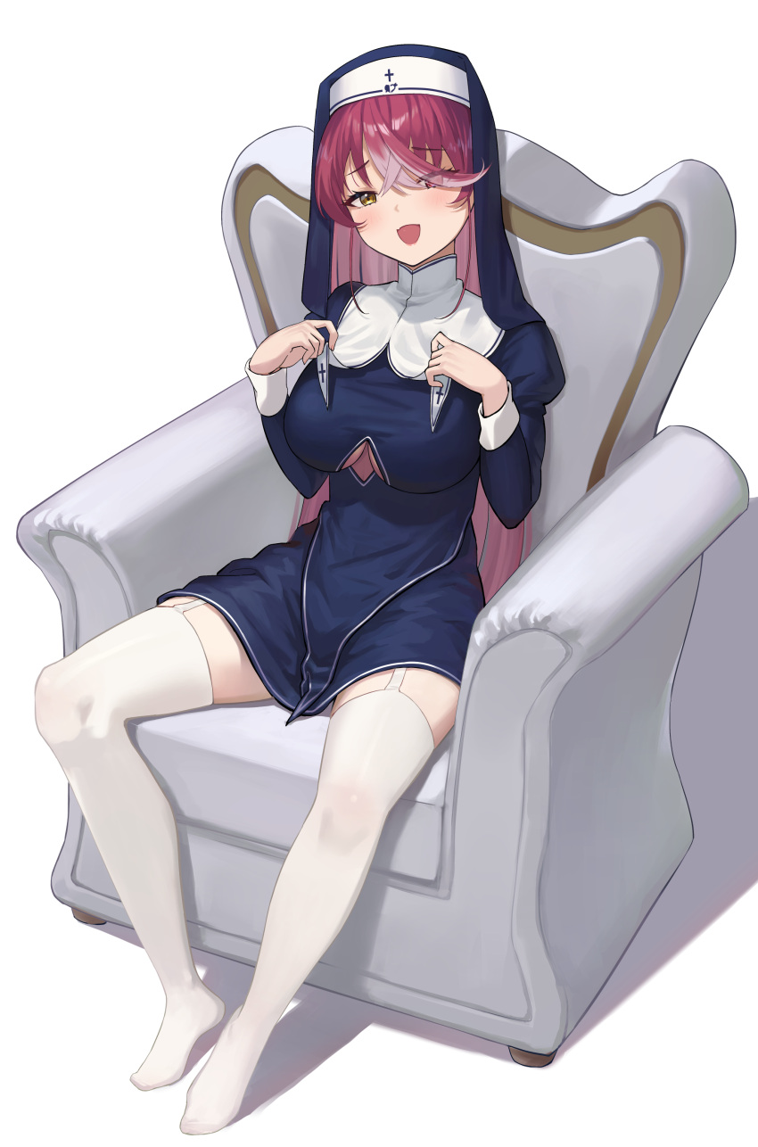 1girl absurdres armchair blue_dress breasts chair clothing_cutout commentary crossed_bangs cutout_above_navel dress eyes_visible_through_hair fang full_body garter_straps habit hair_between_eyes heterochromia highres hololive houshou_marine large_breasts light_blush long_hair long_sleeves looking_at_viewer multicolored_hair no_shoes nun open_mouth red_eyes red_hair simple_background sitting skin_fang smile solo stoner08 streaked_hair thighhighs underboob_cutout virtual_youtuber white_background white_garter_straps white_hair white_thighhighs yellow_eyes