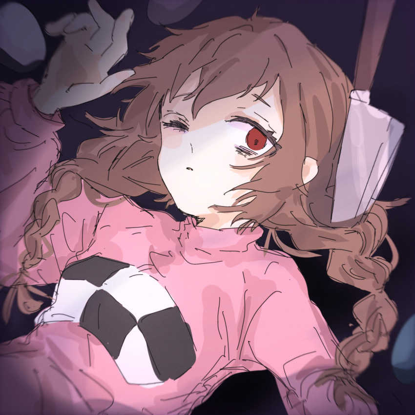 absurdres arm_up blurry braid brown_hair dutch_angle egg empty_eyes eyelashes eyes_visible_through_hair hair_over_shoulder highres knife long_hair long_sleeves lying madotsuki messy_hair moi_imo7 on_back one_eye_closed open_mouth planted planted_knife puffy_long_sleeves puffy_sleeves raised_eyebrows red_eyes sweater turtleneck turtleneck_sweater twin_braids twintails upper_body yume_nikki