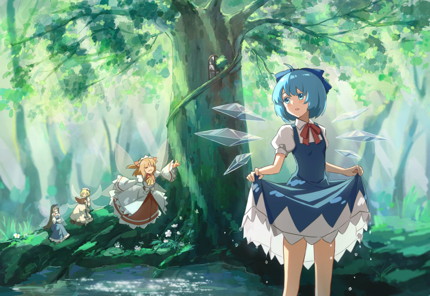 &gt;_&lt; 4girls absurdres ahoge ascot black_hair blonde_hair blue_bow blue_dress blue_eyes blue_hair blush book bow breedo cirno collared_shirt commentary_request dress fairy fairy_wings flower forest hair_bow headdress highres holding holding_book ice ice_wings luna_child multiple_girls nature neck_ribbon open_mouth orange_hair outdoors pinafore_dress puffy_short_sleeves puffy_sleeves reading red_ribbon red_skirt ribbon shirt short_sleeves skirt skirt_hold sleeveless sleeveless_dress star_sapphire sunny_milk touhou water water_drop white_dress white_flower white_shirt window wings yellow_ascot