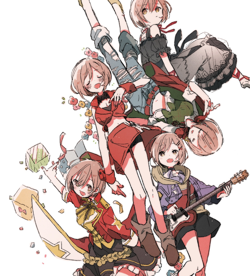25-ji_meiko 5girls bike_shorts black_dress black_skirt blue_pants breasts brown_eyes brown_footwear brown_hair cleavage closed_eyes commentary_request cube denim dress electric_guitar flower full_body green_shirt guitar hair_ornament hairclip hazime highres instrument jacket jeans long_sleeves medium_breasts meiko_(vocaloid) meiko_(vocaloid3) midriff multiple_girls multiple_persona music nail_polish navel open_mouth pants playing_instrument project_sekai purple_jacket red_jacket red_nails red_skirt shirt short_hair short_sleeves skirt smile star_(symbol) star_print torn_clothes torn_jeans torn_pants vivid_bad_squad_meiko vocaloid white_background wonderlands_x_showtime_meiko wrist_cuffs