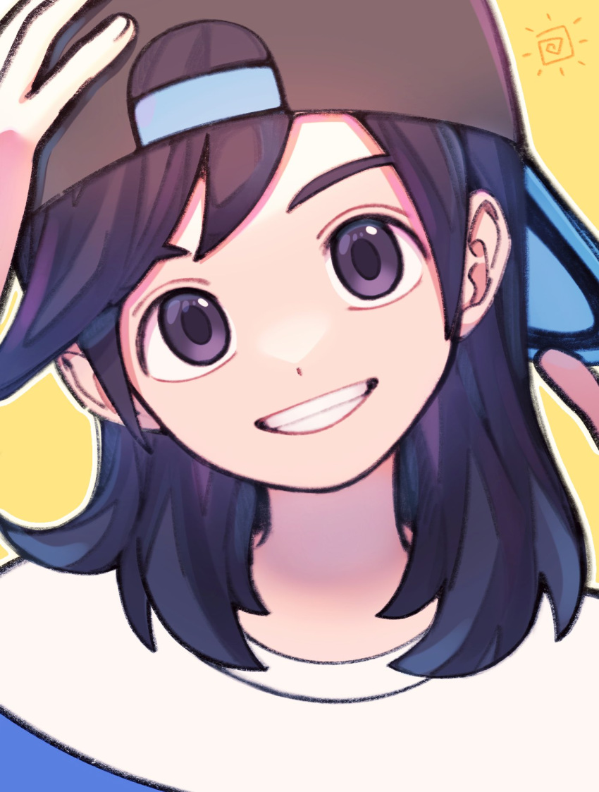 1boy backwards_hat baseball_cap black_hair commentary_request elio_(pokemon) grey_eyes grin hands_on_headwear hat head_tilt highres kana_(kanna_runa0620) long_hair looking_at_viewer male_focus pokemon pokemon_(game) pokemon_sm shirt smile solo t-shirt teeth upper_body yellow_background