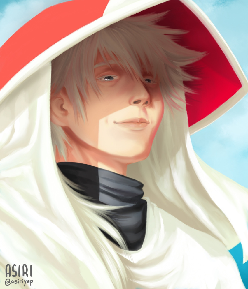 1boy artist_name asiriyep closed_mouth hat hatake_sakumo highres looking_at_viewer naruto naruto_(series) naruto_shippuuden realistic signature smile solo solo_focus spiked_hair white_hair