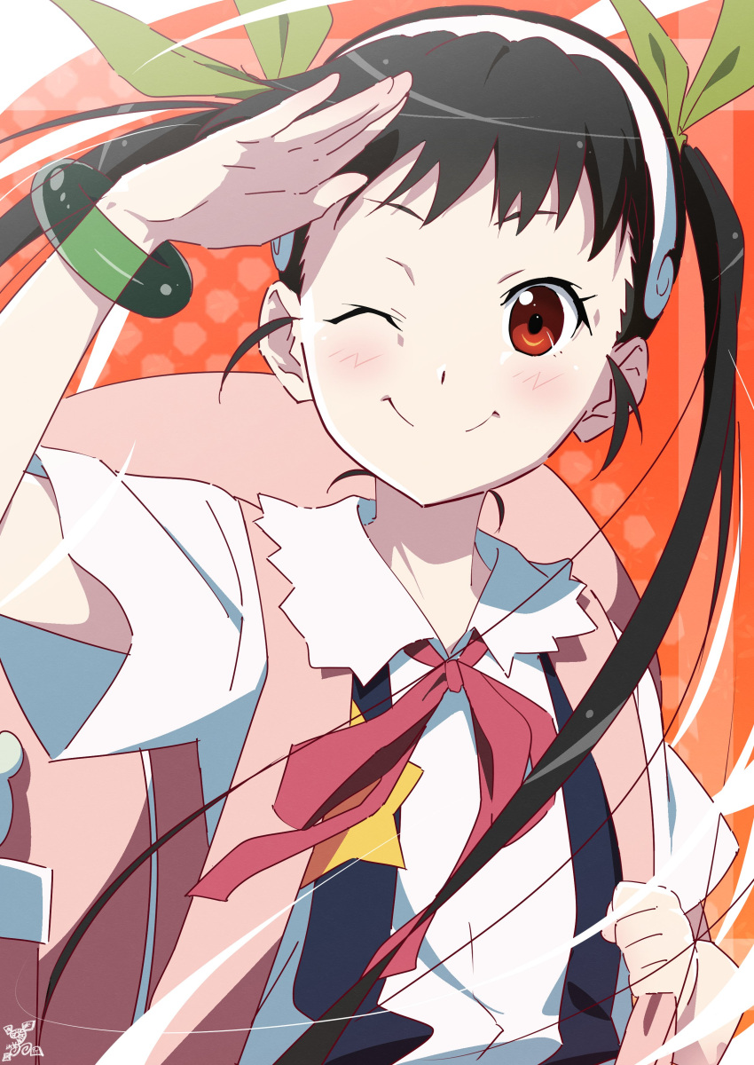 1girl ;) absurdres backpack bag black_hair blush hachikuji_mayoi hairband highres long_hair looking_at_viewer makicha_(sasurainopink) making-of_available monogatari_(series) neck_ribbon one_eye_closed red_eyes red_ribbon ribbon salute school_uniform shirt smile solo twintails upper_body white_hairband white_shirt