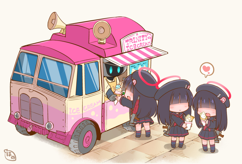 3girls assault_rifle beret black_footwear black_hair black_headwear black_sailor_collar black_serafuku black_skirt black_socks blue_archive blunt_bangs blush bullpup closed_mouth em-2 food food_truck gun halo hanomido hat heart highres holding holding_food ice_cream justice_task_force_member_(blue_archive) long_hair long_sleeves motor_vehicle multiple_girls neckerchief open_mouth pleated_skirt red_halo red_neckerchief rifle robot sailor_collar school_uniform serafuku shoes skirt smile socks spoken_heart truck weapon