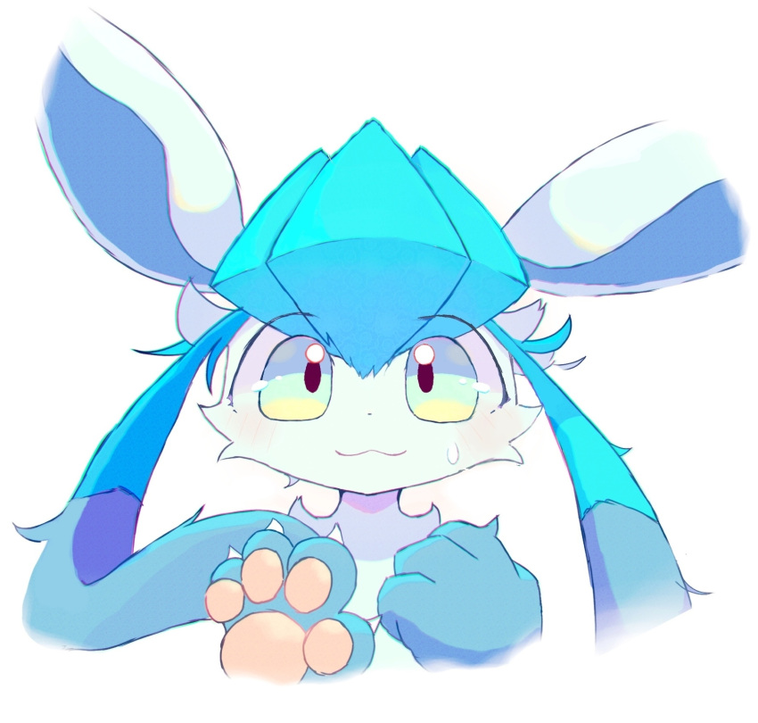 2022 4_fingers ambiguous_gender blush blush_lines bodily_fluids chromatic_aberration claws digital_media_(artwork) eeveelution feral finger_claws fingers fur generation_4_pokemon glaceon green_body green_eyes green_fur hi_res looking_at_viewer nintendo pawpads paws pokemon pokemon_(species) reaction_image salmon_no_kaori simple_background solo sweat sweatdrop white_background