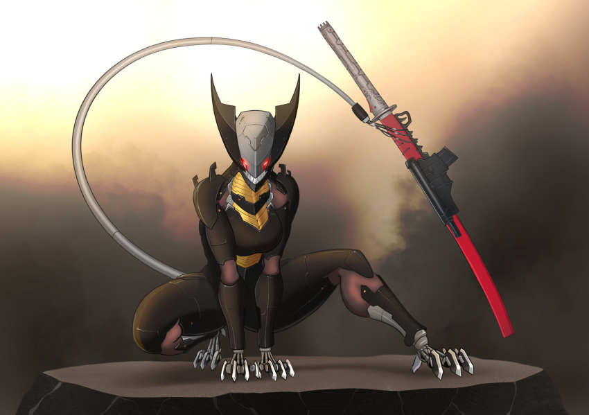anthro arctic_fox blade_wolf canid canine claws crossgender female fox hi_res konami looking_at_viewer lq-84_fenrir machine mammal melee_weapon metal_gear red_eyes robot solo spacemaxmarine sword weapon