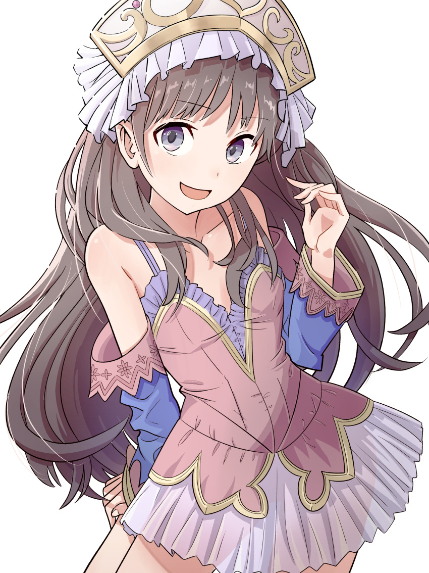 1girl atelier_(series) atelier_totori bare_shoulders blue_sleeves brown_eyes brown_hair detached_sleeves dress hair_ornament hat headdress highres long_hair looking_at_viewer open_mouth oxymoron_0213 see-through simple_background skirt smile solo totooria_helmold white_background