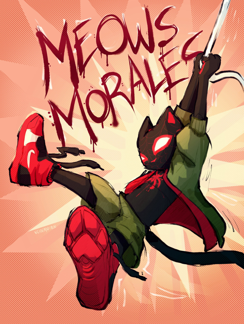 absurd_res action_pose anthro black_hair bodysuit bottomwear clothing domestic_cat felid feline felis footwear hair hi_res jacket male mammal marvel mask meows_morales miles_morales nike pose shoes shorts skinsuit sneakers solo spider-ham spider-man:_into_the_spider-verse spider-man_(series) spider_web superhero tight_clothing topwear vehemourn web_swinging