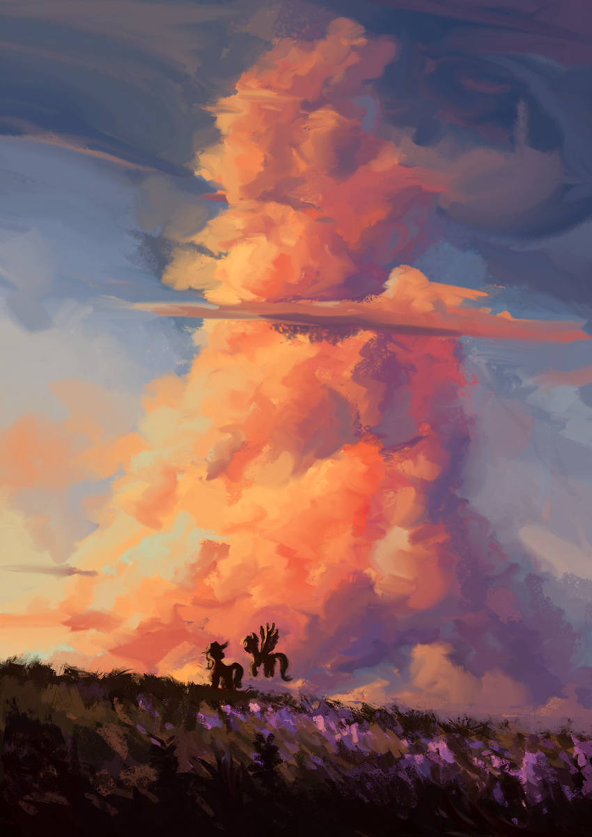 2girls applejack blurry cloud cloudy_sky depth_of_field flower flying grass hat highres multiple_girls my_little_pony my_little_pony:_friendship_is_magic plainoasis rainbow_dash sky