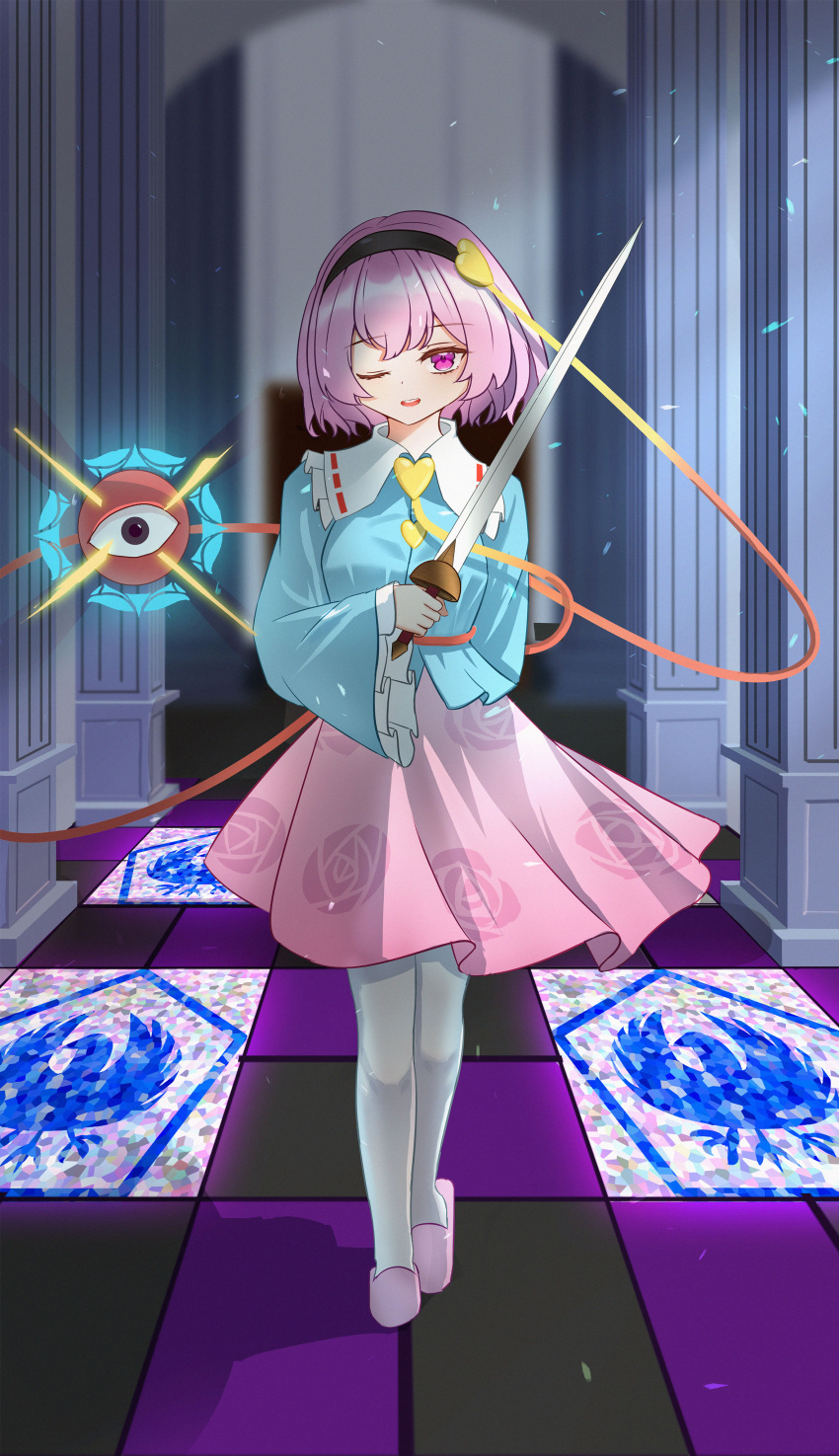 1girl absurdres black_hairband blue_shirt blurry blurry_background commentary_request floral_print full_body hairband heart highres holding holding_sword holding_weapon indoors komeiji_satori linuslinus920423 long_sleeves looking_at_viewer open_mouth pink_eyes pink_footwear pink_hair pink_skirt rose_print shirt short_hair skirt slippers solo sword teeth third_eye touhou upper_teeth_only weapon