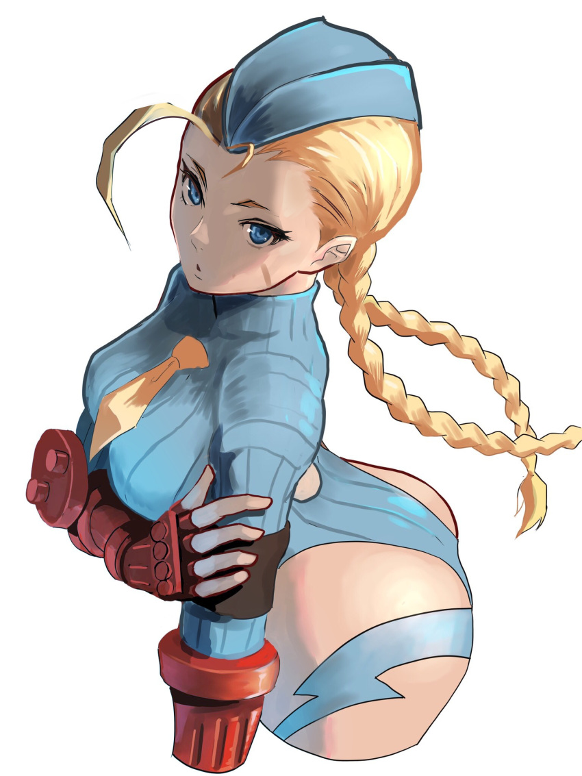 1girl absurdres ahoge blonde_hair blue_eyes blue_headwear blue_leotard bodypaint braid breasts cammy_white cowboy_shot cropped_arms cropped_legs fingerless_gloves garrison_cap gloves hat highleg highleg_leotard highres huge_ahoge large_breasts leotard lightning_bolt_symbol long_hair looking_at_viewer meke_(77842928) red_gloves revision ribbed_leotard shadaloo_dolls simple_background solo street_fighter street_fighter_zero_(series) turtleneck turtleneck_leotard twin_braids white_background