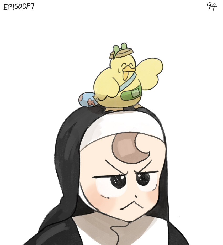 1girl :&lt; ^_^ animal_on_head bag bandaid bird bird_on_head bottle_cap closed_eyes diva_(hyxpk) duck duckling frog_headband froggy_nun_(diva) highres numbered on_head original simple_background white_background