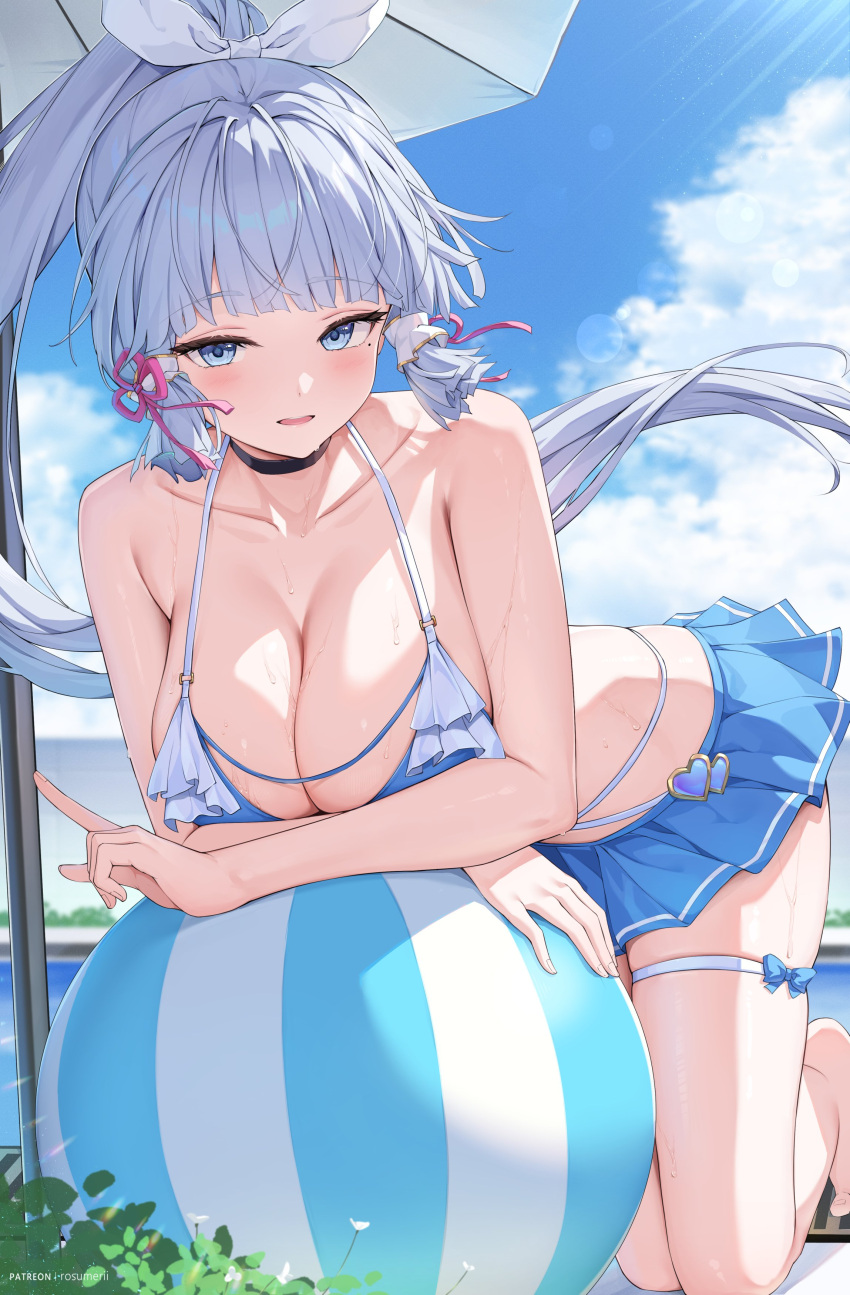 1girl absurdres alternate_costume ball beachball breasts genshin_impact highres kamisato_ayaka large_breasts ocean rosumerii solo swimsuit thigh_strap