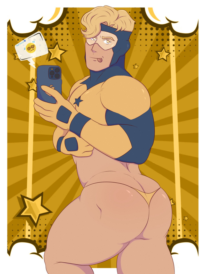 1boy ailurus_(ailurushearts) ass ass_focus bara blonde_hair blue_bodysuit bodysuit booster_gold dc_comics emoji gloves highres holding holding_phone large_pectorals male_focus male_underwear muscular muscular_male pectorals phone short_hair solo thick_thighs thighs thong tongue two-tone_bodysuit underwear yellow_bodysuit yellow_gloves yellow_male_underwear