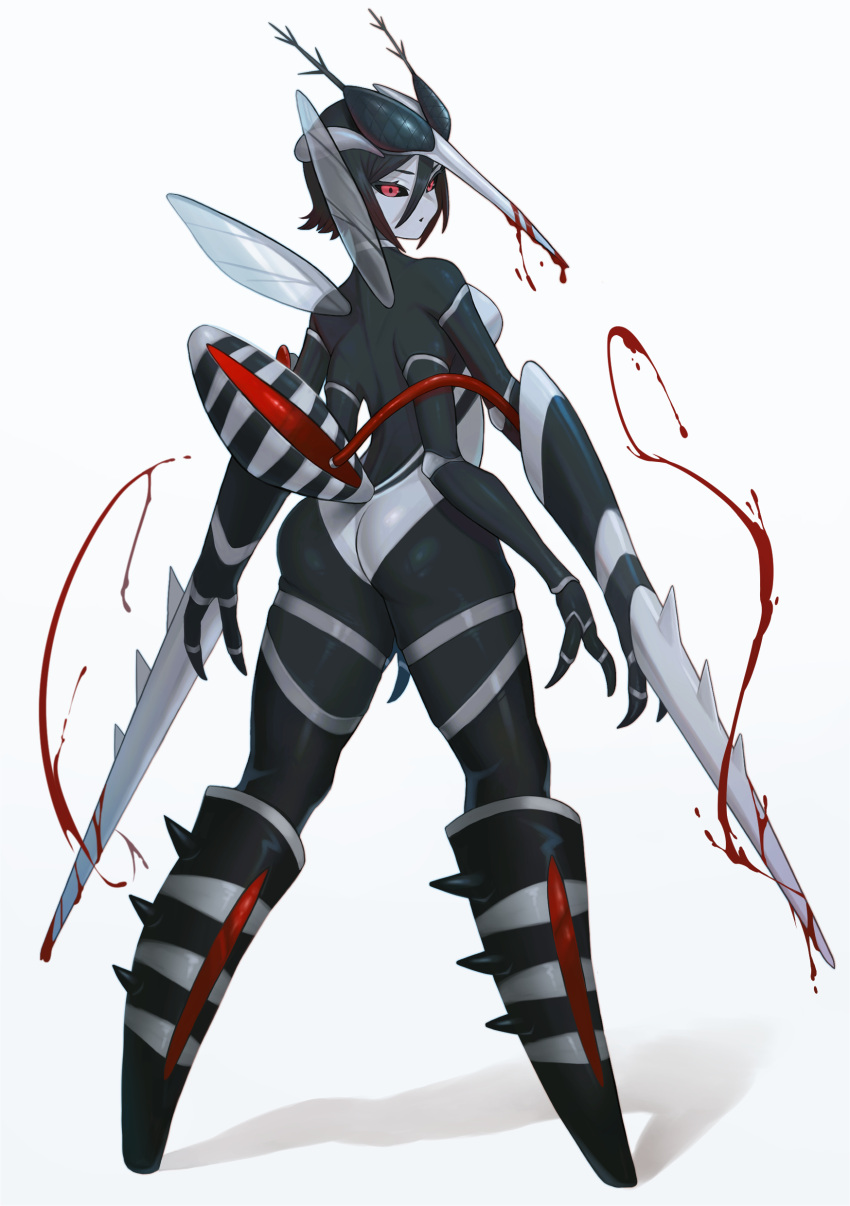 1girl :o absurdres antennae arthropod_girl arthropod_limbs black_hair black_sclera black_skin blood blood_on_weapon breasts carapace claws colored_sclera colored_skin compound_eyes daon_(kenta111881) extra_arms from_behind full_body gradient_hair grey_skin hair_between_eyes highres insect_wings looking_at_viewer looking_back medium_breasts monster_girl mosquito_girl multicolored_hair multicolored_skin no_feet open_mouth original proboscis red_eyes shadow short_hair simple_background solo standing tail weapon white_background wings