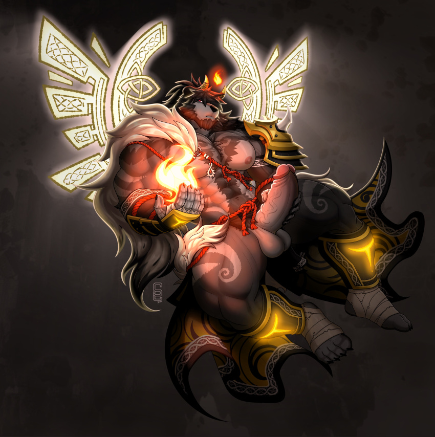 2023 abs absurd_res ankle_guards anthro arm_markings arm_tattoo axazu_(suzushinako) balls beard belt black_body black_fur body_hair chest_hair chest_tuft clothed clothed/nude clothing deity facial_hair felid fire foot_wraps fur genitals glowing glowing_wings grey_body grey_fur hair happy_trail hi_res horn leg_markings lion male mammal mantle markings muscular muscular_anthro muscular_male nipples nude pantherine pecs penis ponytail rope rope_belt shoulder_guards solard0gg0 solo tattoo tuft vein veiny_penis watermark wings wraps wrist_guards