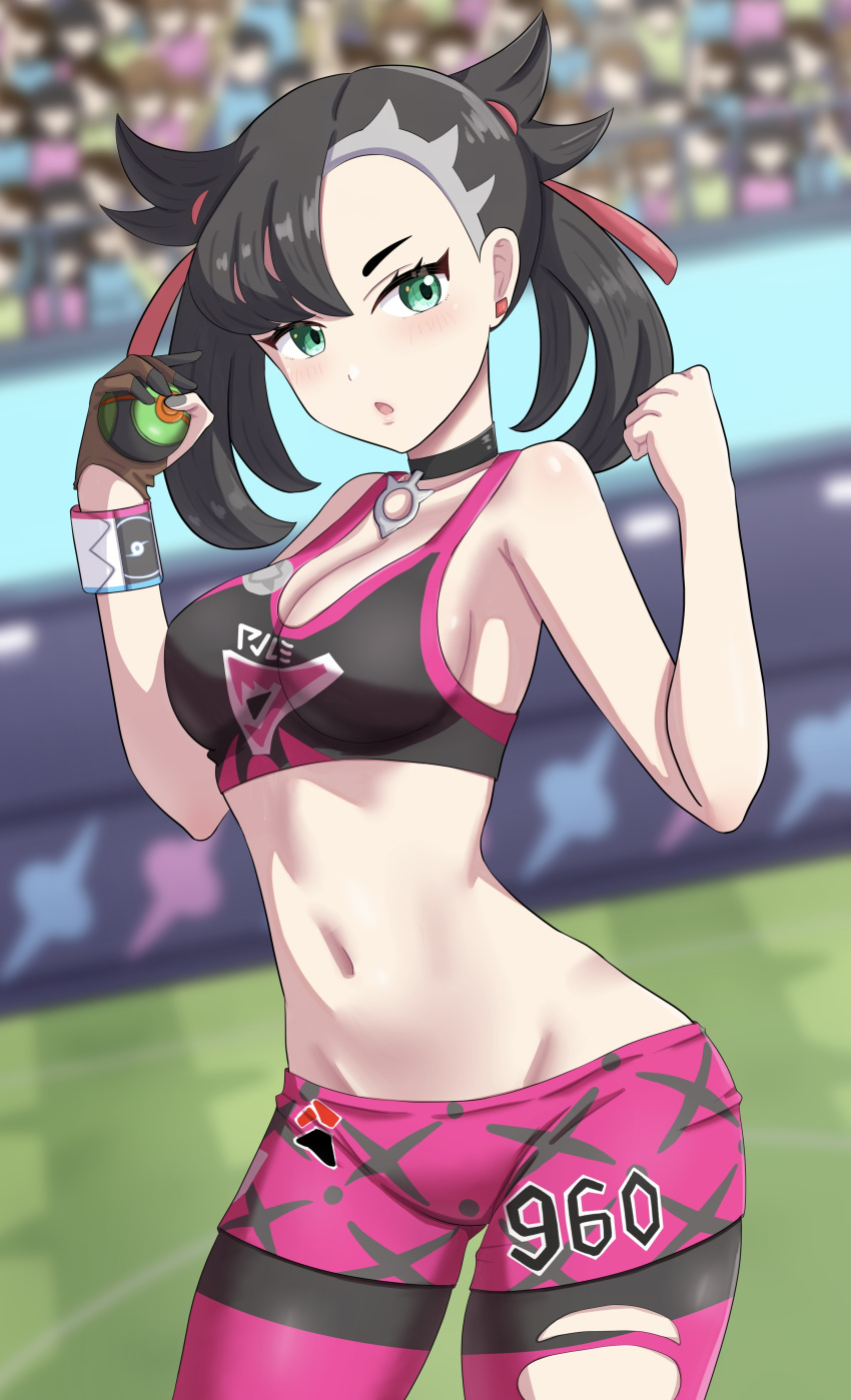 1girl absurdres alternate_breast_size asymmetrical_bangs audience black_choker black_hair black_nails black_sports_bra blurry blurry_background breasts choker clenched_hand commentary_request dusk_ball dynamax_band earrings green_eyes groin hair_ribbon highres holding holding_poke_ball jewelry large_breasts looking_at_viewer looking_to_the_side maho_(corotonton5150) making-of_available marnie_(pokemon) medium_hair midriff nail_polish navel open_mouth pants people pink_pants pink_sports_bra poke_ball pokemon pokemon_swsh red_ribbon ribbon sideboob solo_focus sports_bra stadium stomach tight_clothes tight_pants two-tone_sports_bra