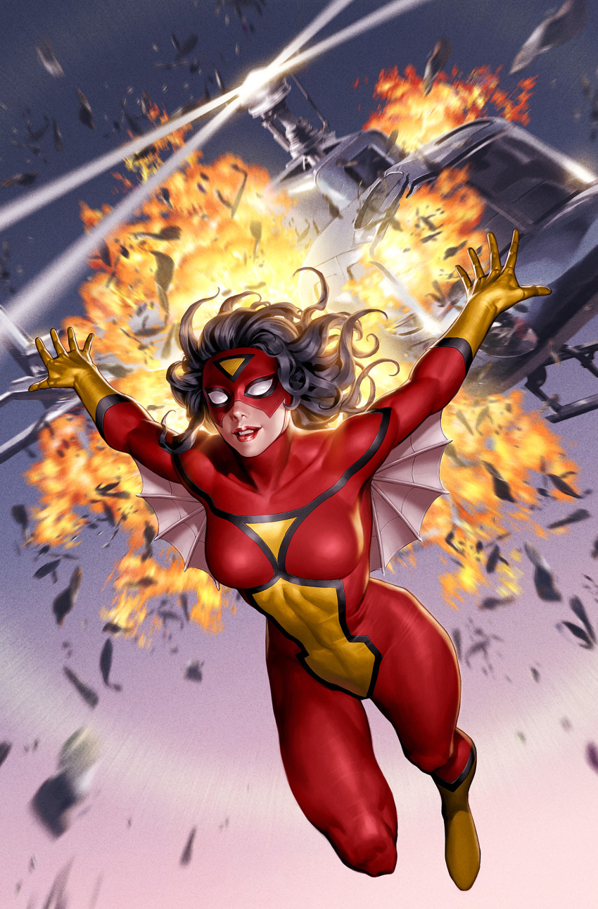 1girl aircraft black_hair bodysuit explosion helicopter highres jessica_drew marvel mask medium_hair red_bodysuit red_lips solo spider-man_(series) spider-woman two-tone_bodysuit yellow_bodysuit yoon_junggeun