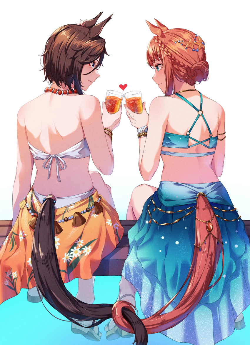 2girls absurdres air_groove_(seaside_bloom)_(umamusume) air_groove_(umamusume) animal_ears aqua_bikini back bare_shoulders bikini blue_eyes bracelet brown_hair closed_mouth cup from_behind green_eyes hair_bun hair_ornament hand_up heart highres holding holding_cup horse_ears horse_girl horse_tail intertwined_tails jewelry looking_at_another looking_to_the_side multiple_girls necklace orange_hair sandals sarong short_hair silence_suzuka_(emerald_on_the_waves)_(umamusume) silence_suzuka_(umamusume) simple_background sitting smile starfish_hair_ornament sugamo_(rainysnowy108) summer's_sunlight_fades_to_blue_(umamusume) swimsuit tail toast_(gesture) umamusume white_background white_bikini
