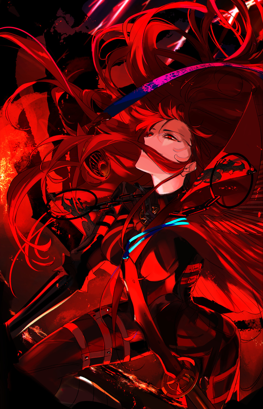 1girl absurdres armored_boots black_bodysuit blue_string bodysuit boots breasts cape chain collared_cape enilefilnoztlaw evil_smile fate/grand_order fate_(series) floating_hair hair_floating_upwards hair_over_mouth highres katana large_breasts long_hair looking_to_the_side medallion molten_rock oda_nobunaga_(fate) oda_nobunaga_(maou_avenger)_(fate) oda_uri red_cape red_eyes red_hair red_trim smile solo sword thigh_strap thighs tight_top two-tone_bodysuit very_long_hair weapon wide_hips