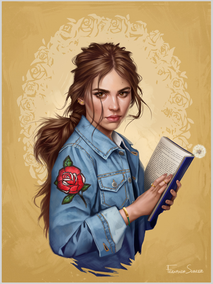 1girl absurdres alternate_costume artist_name beauty_and_the_beast belle_(disney) book border brown_eyes brown_hair dandelion denim denim_jacket english_text fernanda_suarez flower highres holding holding_book jacket long_hair looking_at_viewer open_book red_flower red_rose rose simple_background solo upper_body watermark white_border