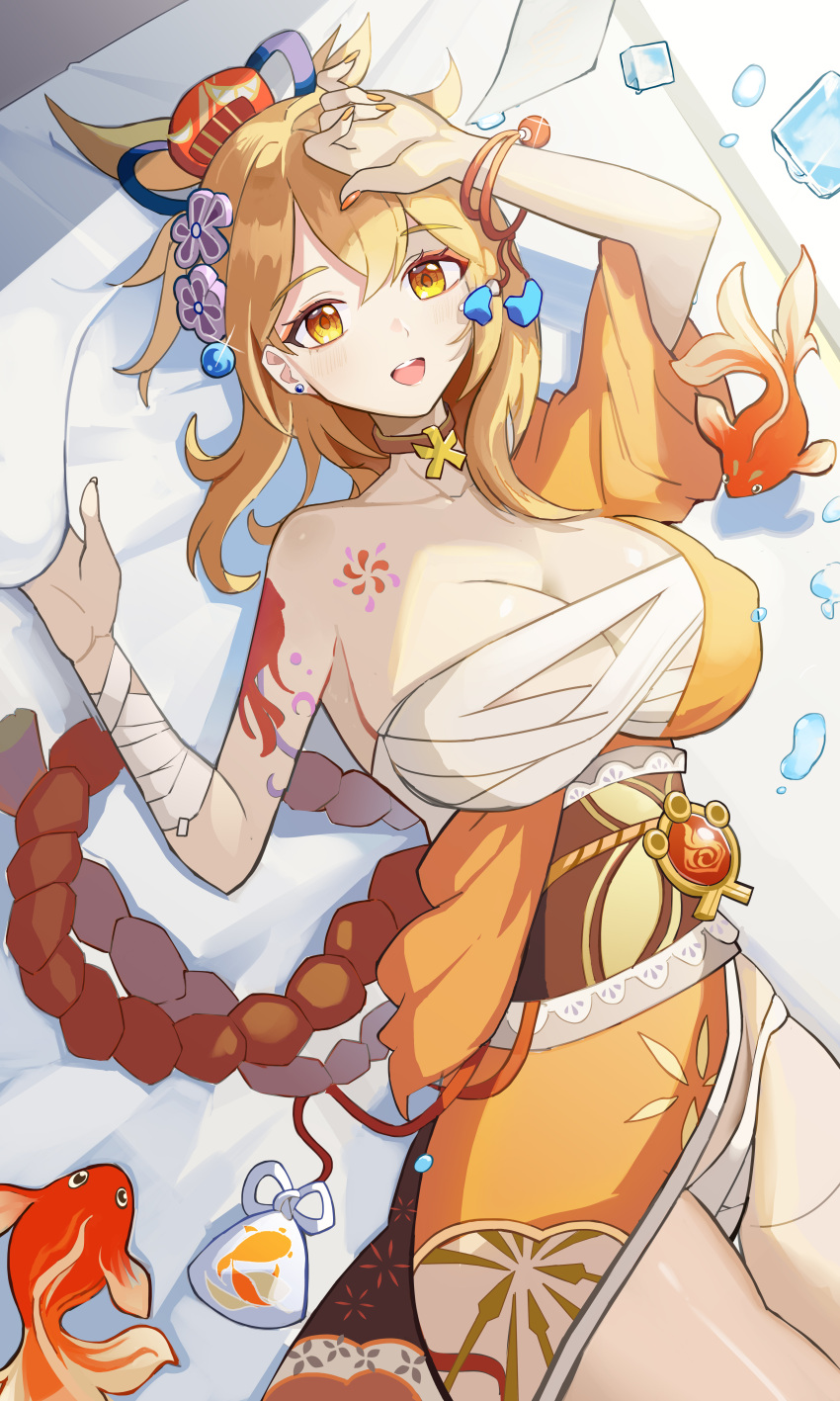 1girl absurdres arm_tattoo bandages bell blonde_hair breasts choker cleavage earrings fireworks genshin_impact hair_bell hair_bun hair_ornament highres ice jewelry koi large_breasts looking_at_viewer niunai on_bed open_mouth orange_bracelet orange_eyes pouch sarashi smile solo star_(symbol) star_choker tattoo yoimiya_(genshin_impact)