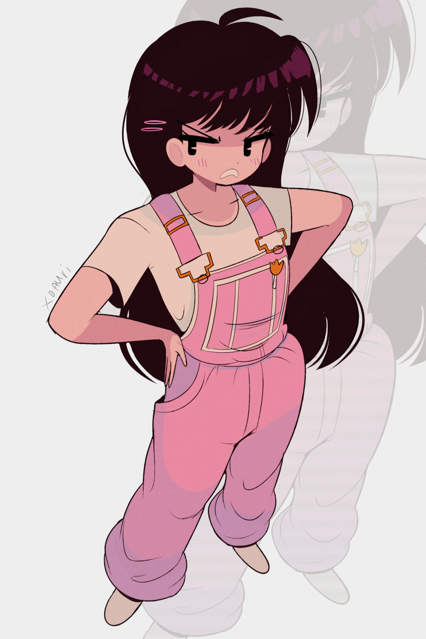 1girl absurdres auri_(xoauri) bishoujo_senshi_sailor_moon black_hair clothes_pin frown hair_ornament hairpin hands_on_own_hips highres hino_rei long_hair overalls pants pink_overalls scowl shirt shoes signature simple_background solo standing t-shirt white_shirt