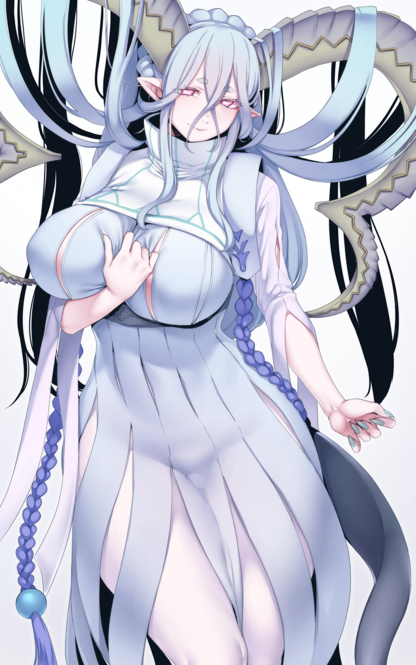 +_+ 1girl aqua_hair body_markings braid breasts curled_horns dress fate/grand_order fate/grand_order_arcade fate_(series) hair_between_eyes highres horns large_breasts larva_tiamat_(fate) long_hair long_horns long_sleeves looking_at_viewer nakamura_regura pantyhose pink_eyes pointy_ears ribbed_dress sidelocks smile solo symbol-shaped_pupils tail thighs tiamat_(fate) very_long_hair white_dress white_pantyhose