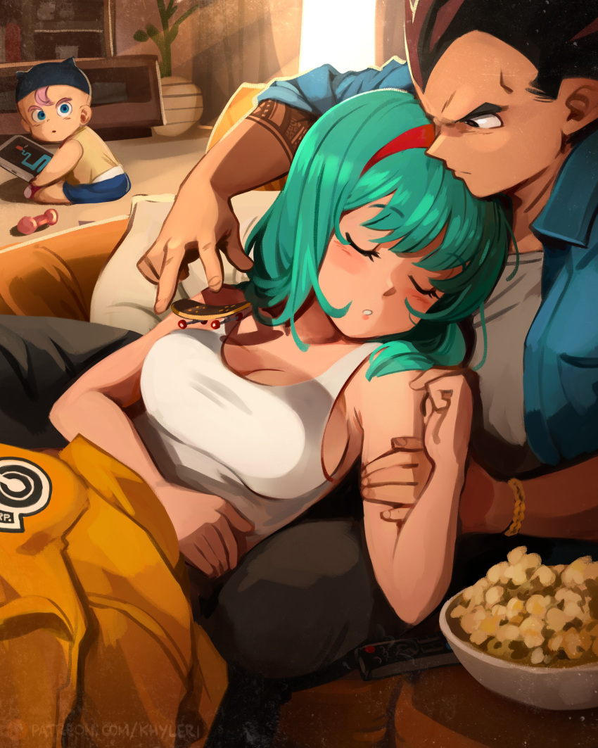 1girl 2boys :o absurdres baby black_eyes black_hair blue_eyes blue_jacket blush bracelet bulma capsule_corp closed_eyes closed_mouth couch dragon_ball family father_and_son food hairband hat highres husband_and_wife indoors jacket jewelry khyle. light_purple_hair looking_at_another medium_hair mother_and_son multiple_boys parted_lips plant red_hairband shirt skateboard sleeping sleeveless trunks_(dragon_ball) vase vegeta when_you_see_it white_shirt