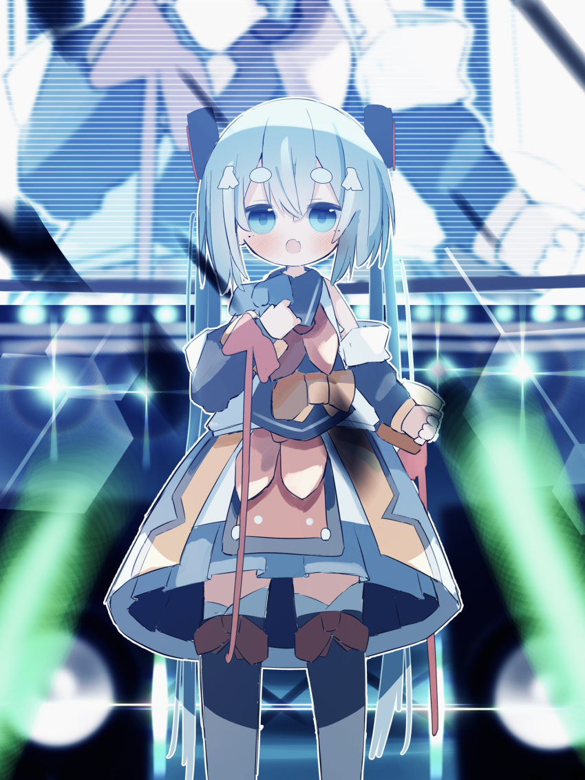 1girl aqua_bow aqua_bowtie aqua_eyes aqua_hair bare_shoulders black_collar black_footwear black_sleeves blurry blurry_background boots bow bowtie collar collared_shirt commentary concert detached_sleeves fang glowstick hair_ornament hand_on_own_chest hatsune_miku headphones highres hikimayu knee_boots long_hair looking_at_viewer magical_mirai_(vocaloid) magical_mirai_miku magical_mirai_miku_(2018) monitor multicolored_clothes multicolored_skirt open_mouth pink_bow pink_bowtie pleated_skirt projected_inset scanlines shirt skin_fang skirt sleeveless sleeveless_shirt solo spotlight stage straight-on syare_0603 twintails very_long_hair vocaloid yellow_bow yellow_bowtie