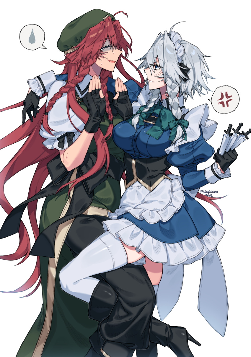 2girls absurdres anger_vein black_footwear black_gloves blue_eyes boots bow breasts closed_eyes facing_another fingerless_gloves gloves green_bow green_headwear grey_hair hair_bow highres himadera hong_meiling izayoi_sakuya knee_boots large_breasts long_hair long_sleeves looking_at_another maid maid_headdress medium_hair multiple_girls open_mouth parted_lips puffy_short_sleeves puffy_sleeves red_hair shaded_face short_sleeves speech_bubble spoken_anger_vein spoken_sweatdrop sweatdrop thighhighs touhou white_thighhighs yuri