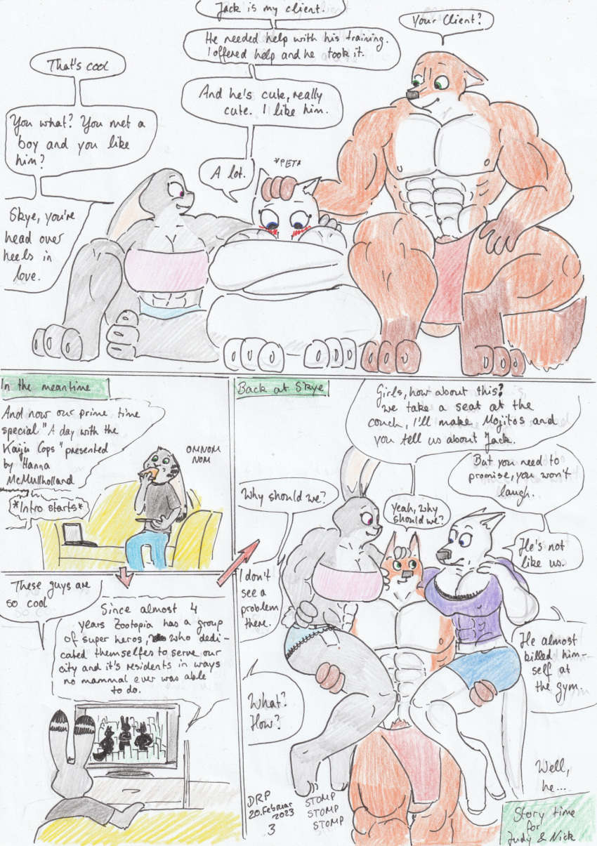 abs anthro arctic_fox balls big_breasts big_muscles blush bottomwear breasts canid canine clothing comic dialogue dirtyredpaint disney english_text female fox genitals group hi_res jack_savage judy_hopps lagomorph leporid male male/female mammal muscular muscular_female muscular_male nick_wilde pants rabbit shirt skye_(zootopia) speech_bubble text topwear trio zootopia