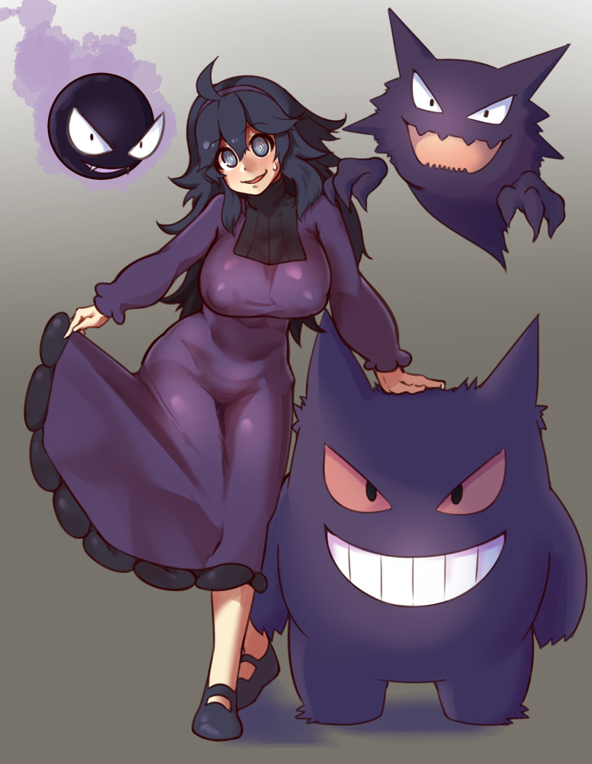 1girl :d @_@ absurdres ahoge alternate_breast_size black_hair breasts clothes_lift commentary_request covered_nipples dress dress_lift evolutionary_line gastly gengar grey_eyes hair_between_eyes hairband haunter hex_maniac_(pokemon) highres large_breasts long_hair long_sleeves looking_at_viewer open_mouth pokemon pokemon_(creature) pokemon_(game) pokemon_xy purple_dress purple_hairband shoes smile standing tomoko908_(nap4342)